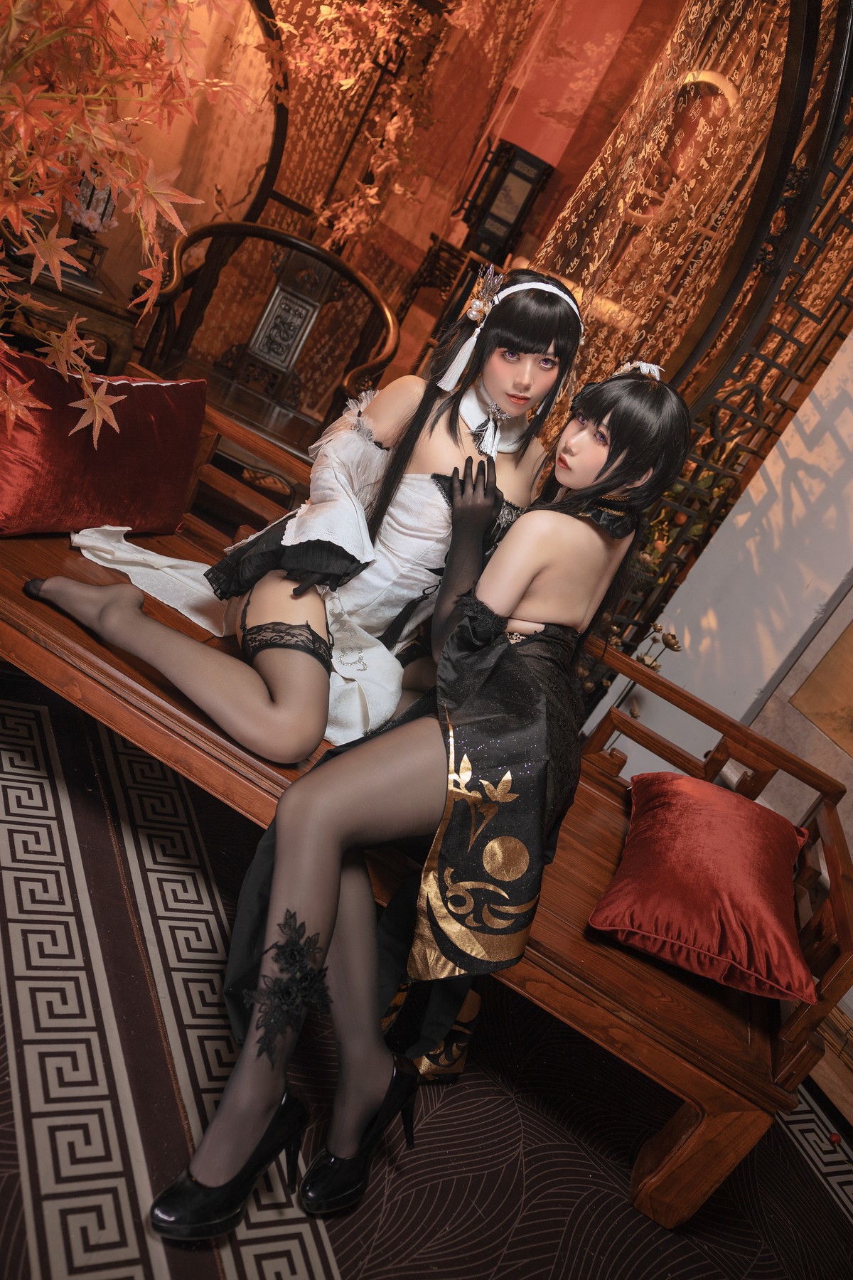 九言&#038;喜茶苍苍子 Cosplay 碧蓝航线 镇海白黒双人(11)