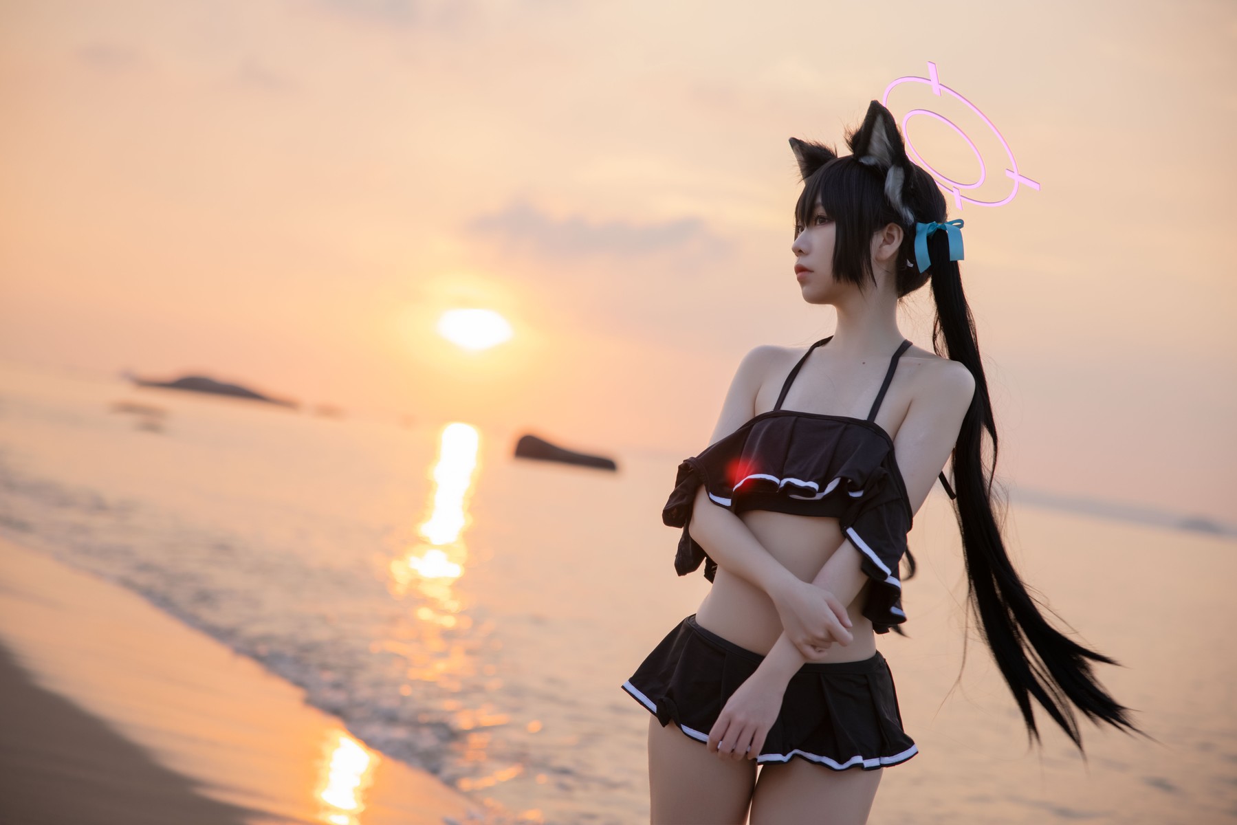 Cosplay G44不会受伤 碧蓝档案 黑見芹香 海边泳装(7)